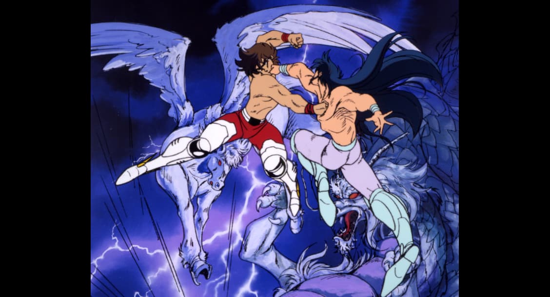 アニメ「聖闘士星矢」(星矢、紫龍、氷河)最終話、冒頭シーン／背景付き