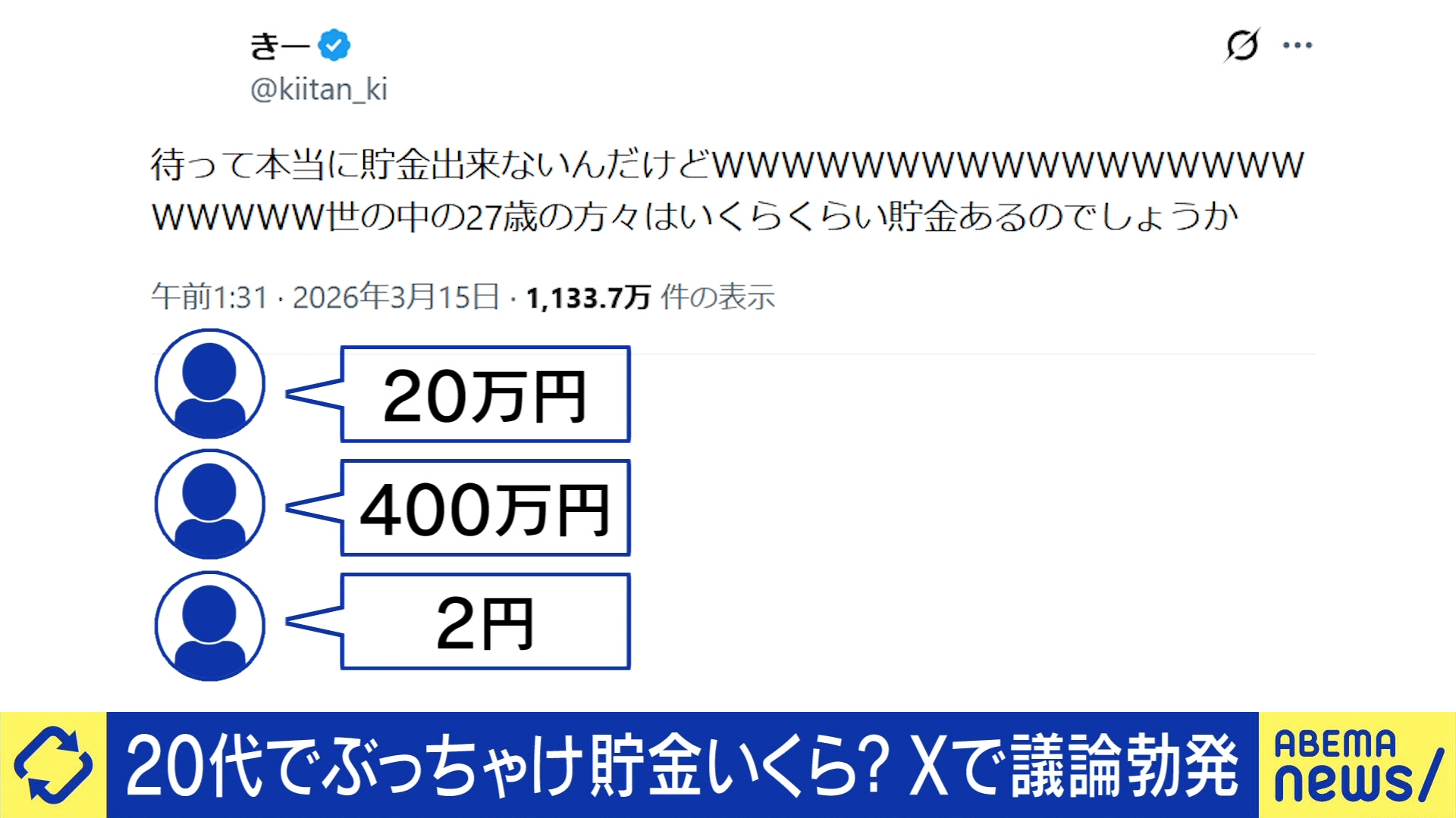20代でぶっちゃけ貯金いくら?Xで議論勃発