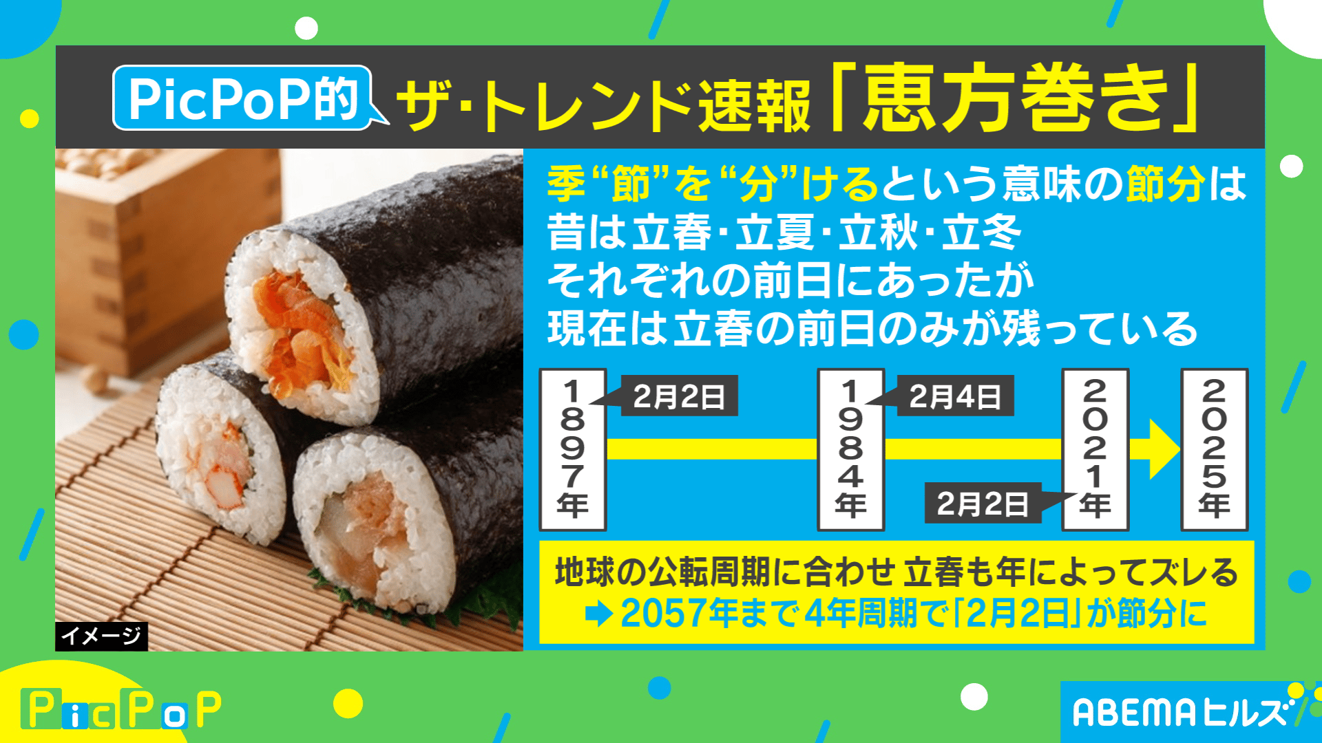 節分の風物詩"恵方巻"2025年の方角は西南西! ABEMAヒルズ【平日ひる12時〜生放送】 PicPoP (ニュース) 無料動画
