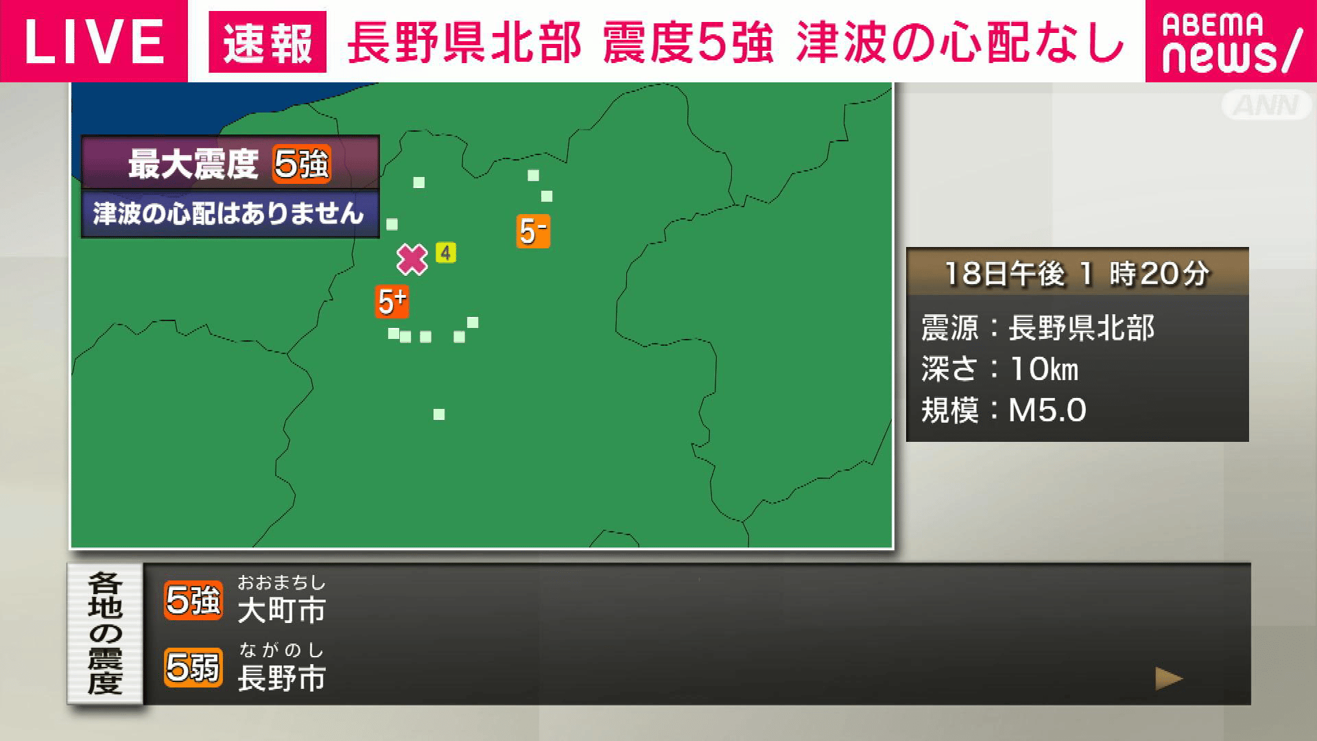 長野県北部 震度5強 津波の心配なし - 【アベマ厳選】注目の最新&独自 