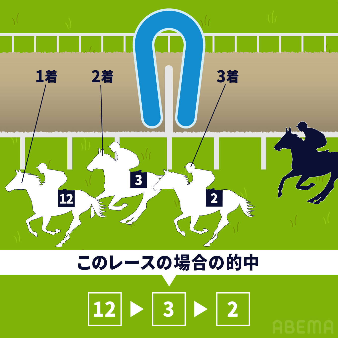 3連単（さんれんたん）：1着、2着、3着となる馬を着順通りに当てる。高配当が魅力！