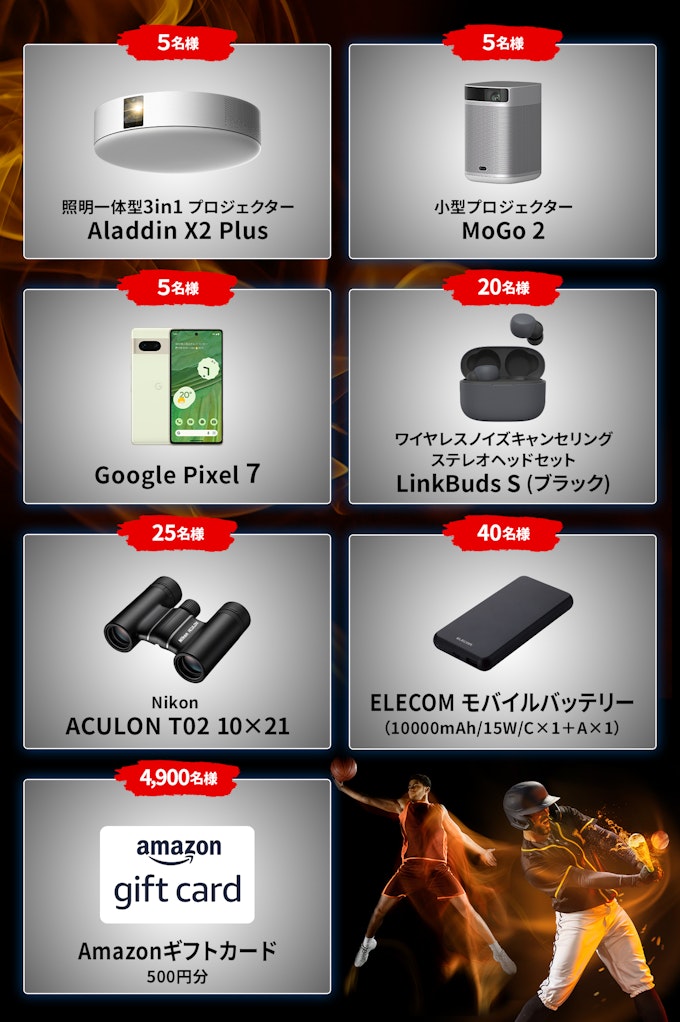 プレゼント一覧 :5名様へ照明一体型 3 in 1 プロジェクター Aladding X2 Plus。5名様へ小型プロジェクター MoGo 2。5名様へGoogle Pixel 7。20名様へSONYワイヤレスノイズキャンセリング ステレオヘッドセット LinkBuds S(ブラック)。25名様へNikon ACULON T02 10X21。40名様へELECOM モバイルバッテリー 4900名様へAmazonギフトカード 500円分。