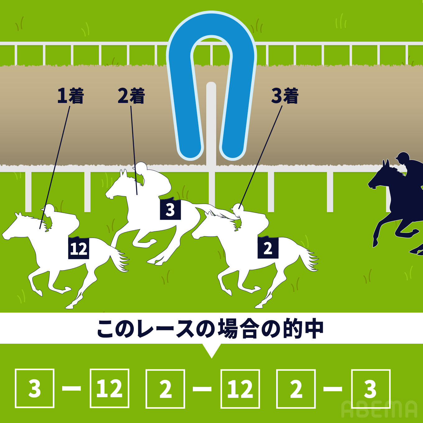 ワイド：3着までに入る2頭の組み合わせを当てる（順序は問わない）。
