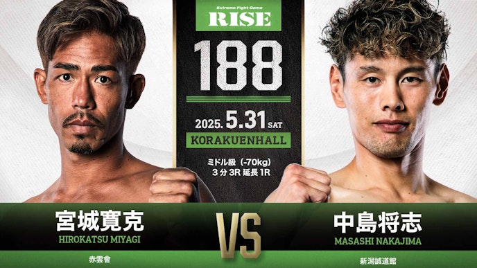 ミドル級(-70kg)3分3R延長1R 宮城寛克 vs 中島将志
