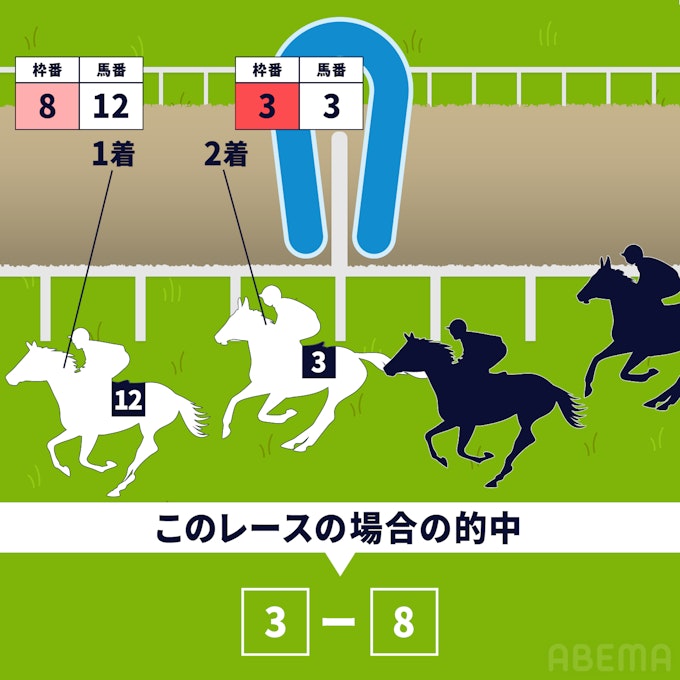 枠連(わくれん):1着と2着になる馬の「枠番号」の組み合わせを当てる。(※馬番号と枠番号とは:馬には1頭ずつ「馬番号」が、レースによっては最大8枠の「枠番号」も割り当てられます)